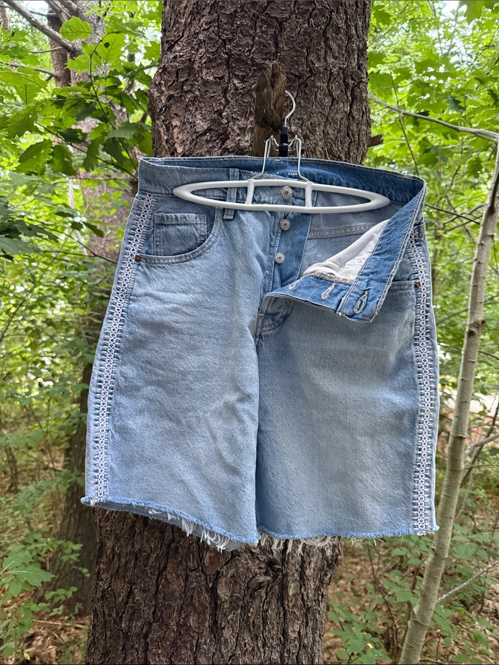 Old Navy Light Blue Denim Crochet-Trim Bermuda Shorts